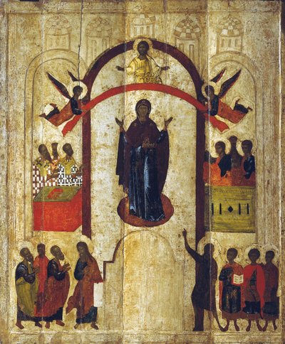 La Protección de la Madre de Dios Pokrov, c. 1399 de Russian icon.