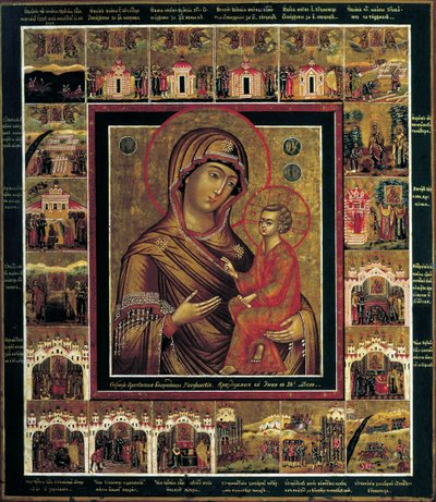 La Virgen de Tikhvin con Escenas de Borde de Russian icon.