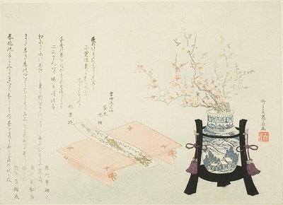 Flores de ciruelo rojas y blancas con poema de Ryuryukyo Shinsai