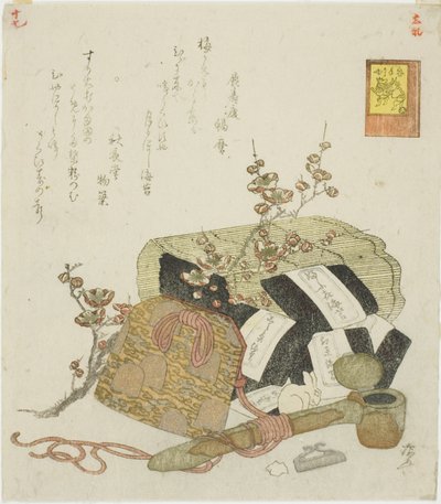 Algas marinas, estuche portátil de escritura y rama de ciruelo, no. 5 de la serie "Las jactanciosas hazañas del conejo (Usagi tegarabanashi)" de Ryuryukyo Shinsai