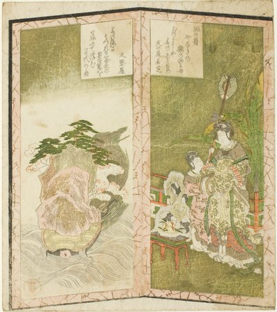 Seiobo (Reina Madre del Oeste) y tortuga, de un hexaptych sin título que representa un par de biombos de Ryuryukyo Shinsai