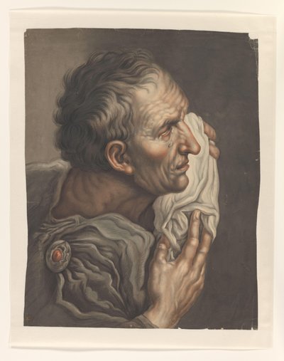 Hombre llorando con un paño, a la derecha de S.A. van der Heim