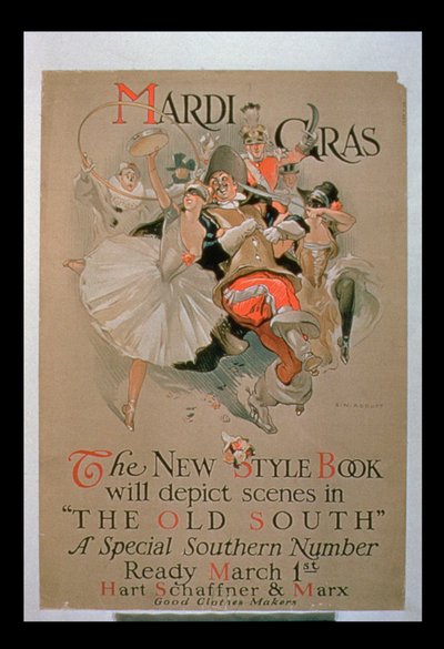 Mardi Gras", anuncio de "The New Style Book", número especial del Sur con escenas del "Viejo Sur" (litografía en color) de S.N. Abbott