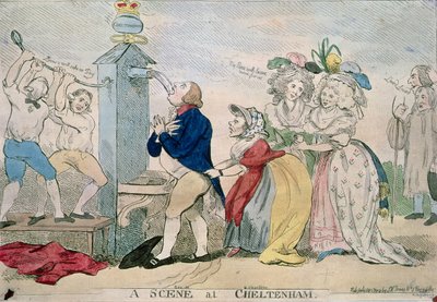 Una escena en Cheltenham. Caricatura satírica, pub. 1788 de S.W. Fores