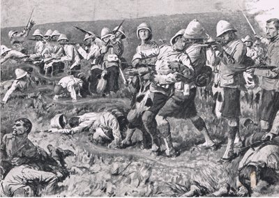 Majuba Hill, 27 de febrero de 1881 (Primera Guerra Bóer), ilustración de British Battles on Land and Sea, 1915 de S. Begg