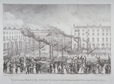 Vista del muelle de navegación a vapor propuesto en la desembocadura del río Lea, c.1835 de S. Hemming