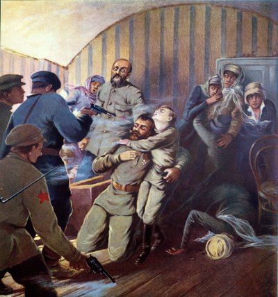 Ejecución del Zar Nicolás II (1868-1918) y su familia en Ekaterimburgo, 17 de julio de 1918, de Histoire des Soviets por H. de Weindel, 1923-24 de S. Sarmat