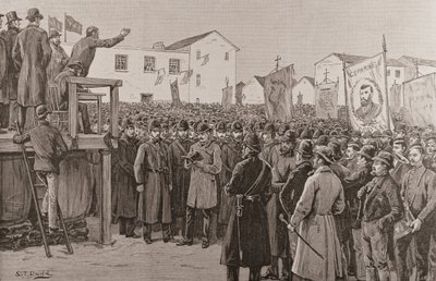 Policía vigilando a un reportero del Gobierno en una reunión sobre el plan de campaña, de "The Illustrated London News", 8 de enero de 1887 (grabado). de S. T. Dadd