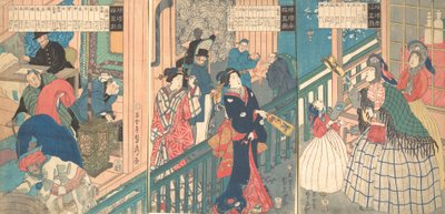 Vista verdadera de una casa comercial de un comerciante de Yokohama, 1º mes, 1861 de Sadahide Utagawa