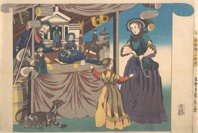 Impresión en color de una imagen de tienda de juguetes en grabado en cobre de Sadahide Utagawa