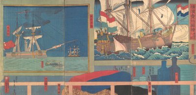 Tienda de curiosidades en Yokohama, tercer mes, 1860 de Sadahide Utagawa