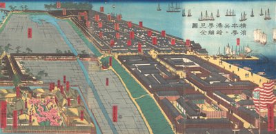 Impresión detallada de Yokohama Hon-cho y el barrio de placer Miyozaki, 4º mes. 1860 de Sadahide Utagawa
