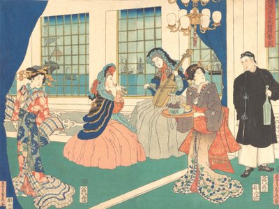 Sala de Estar de un Establecimiento Comercial Extranjero en Yokohama, 9º mes, 1861 de Sadahide Utagawa