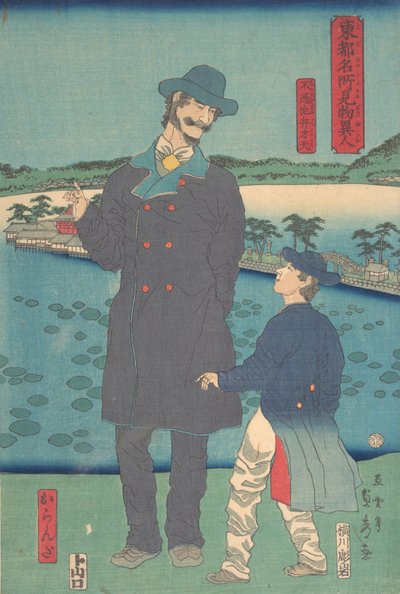 Holandés y niño viendo el Santuario Benten en el estanque Shinobazu, 7º mes, 1861 de Sadahide Utagawa