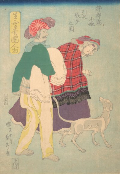 Chica francesa paseando un perro acompañada por un sirviente siamés de Sadahide Utagawa