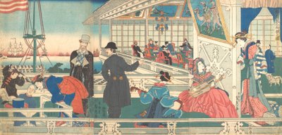 Hogar de comerciantes extranjeros en Yokohama, 9º mes, 1861 de Sadahide Utagawa