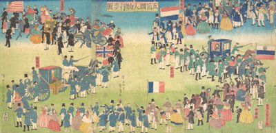 Procesión de personas de cinco países: Holanda, Rusia, Francia, Inglaterra y América de Sadahide Utagawa