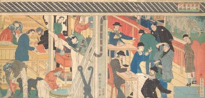 Sala de ventas en el edificio de comercio exterior en Yokohama de Sadahide Utagawa
