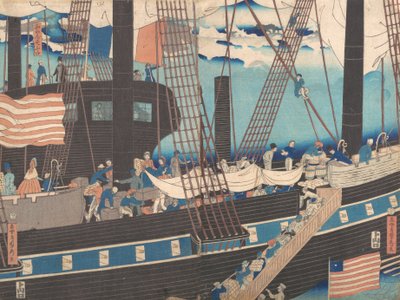 Comercio de Yokohama: Occidentales cargando mercancías, 4º mes, 1861 de Sadahide Utagawa