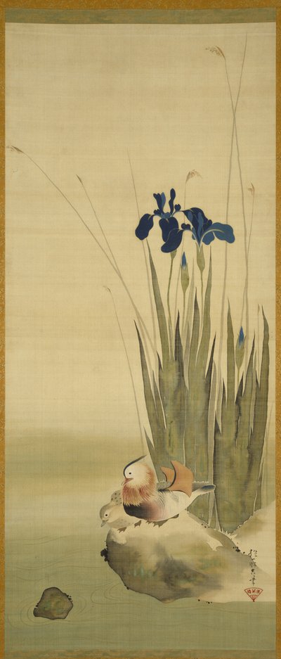 Iris y Patos Mandarines de Sakai Hoitsu