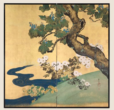 Paulownias y Crisantemos, biombo de dos hojas de Sakai Hoitsu