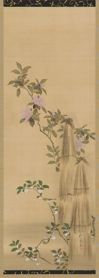Flores rosas y blancas y cubiertas de paja, período Edo, 1761-1828 de Sakai Hoitsu