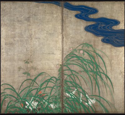 Plantas de flores de verano y otoño. Parte del par de pantallas plegables de dos hojas de Sakai Hoitsu