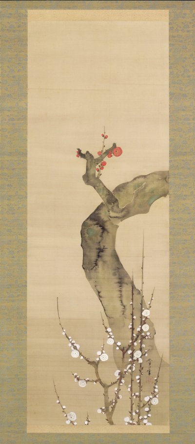 Flores de ciruelo rojas y blancas (tinta, color y oro sobre seda) de Sakai Oho