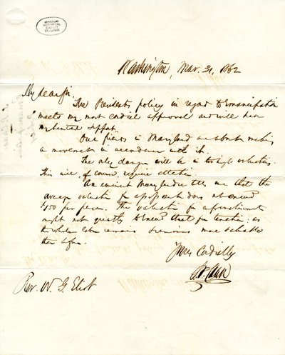 Carta firmada S.P. Chase, Washington, a W.G. Eliot, 31 de marzo de 1862 de Salmon P. Chase