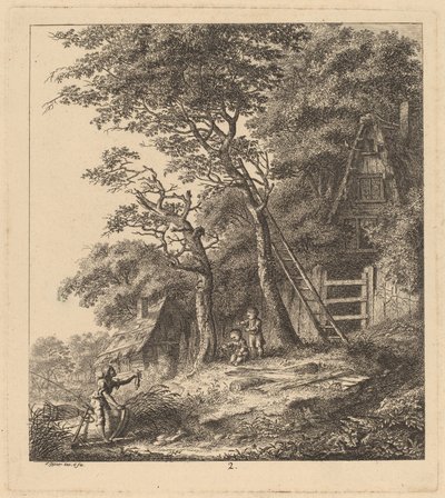 Un Pescador y Dos Niños en un Paisaje con Cabañas de Paja de Salomon Gessner