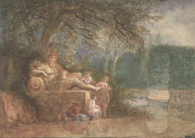 Un parque con figuras en una estatua cerca del agua, 1775 de Salomon Gessner