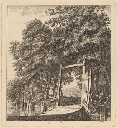 Una puerta rústica junto a un lago de Salomon Gessner