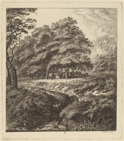 Ganado descansando en un bosque con un hombre sentado junto a un arroyo, 1764 de Salomon Gessner