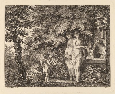 Eros con tres chicas en una fuente de Salomon Gessner