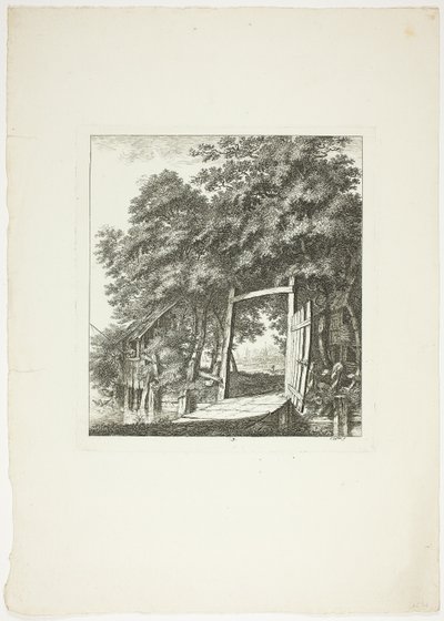 Pescando desde una ventana, lámina tres de Paysages Dédiés à M. Warelet de Salomon Gessner