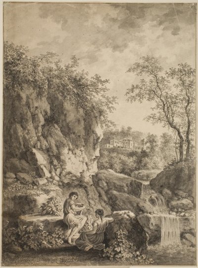 Paisaje rocoso con un arroyo. En primer plano un joven con una flauta de caña y una joven de Salomon Gessner