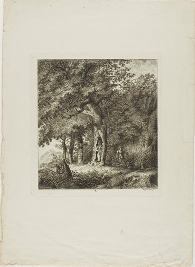 Ninfa escondida en un árbol, lámina ocho de Paysages Dédiés à M. Warelet de Salomon Gessner