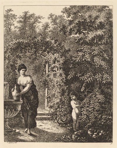 Putto Visitando a una Niña en una Fuente de Salomon Gessner
