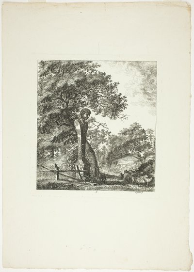 Oveja junto a una estatua de Pan, lámina cinco de Paysages Dédiés à M. Warelet de Salomon Gessner