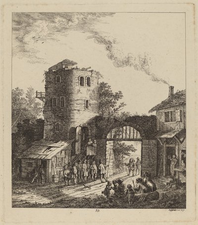 Aldeanos en una puerta de la ciudad saludando a un dignatario, 1764 de Salomon Gessner