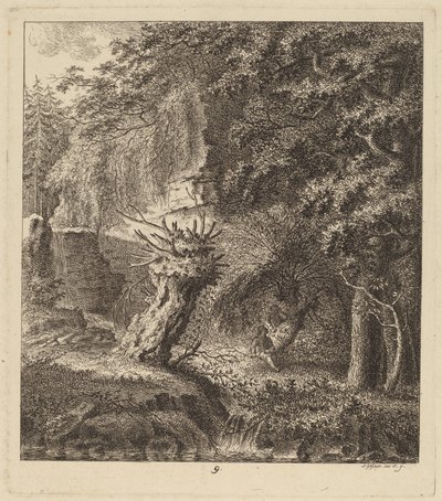 Paisaje boscoso con un árbol podado de Salomon Gessner
