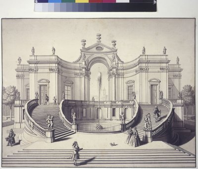 Página completa: palacio ajardinado en los jardines del palacio Liechtenstein, Rossau, Viena (dibujo a pluma y tinta) de Salomon Kleiner