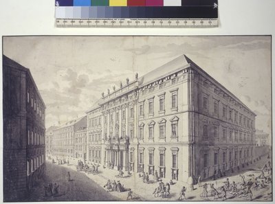Página completa: vista oblicua del palacio municipal de Kaunitz-Liechtenstein en el No (dibujo a pluma y tinta) de Salomon Kleiner