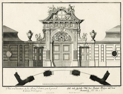 Planta y alzado de la puerta principal del castillo inferior de Rennweg de Salomon Kleiner