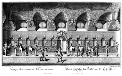 Vista interior del establo para los caballos personales. de Salomon Kleiner