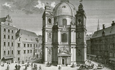Vista de la Peterskirche, Viena grabado por Johann Bernard Hattinger de Salomon Kleiner