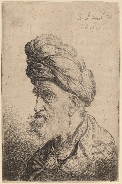 Busto de un hombre con turbante mirando a la izquierda de Salomon Koninck