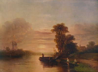 Atardecer en un río, con molino de viento y cabaña, 1848, 1938 de Salomon Leonardus Verveer