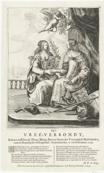 Frase a la Paz de Westminster, 1654 En el Vree-Verbondt, Cerrado entre lo alto: Moog: Heeren Staten der Vereenighde Nederland, ende Republikcke van Englandt. Geteeckent den 15 van Gras-maant, 1654 (título sobre el objeto) de Salomon Pietersz. Lachair