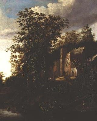 Un paisaje fluvial boscoso con campesinos junto a una casa solariega en ruinas de Salomon Rombouts